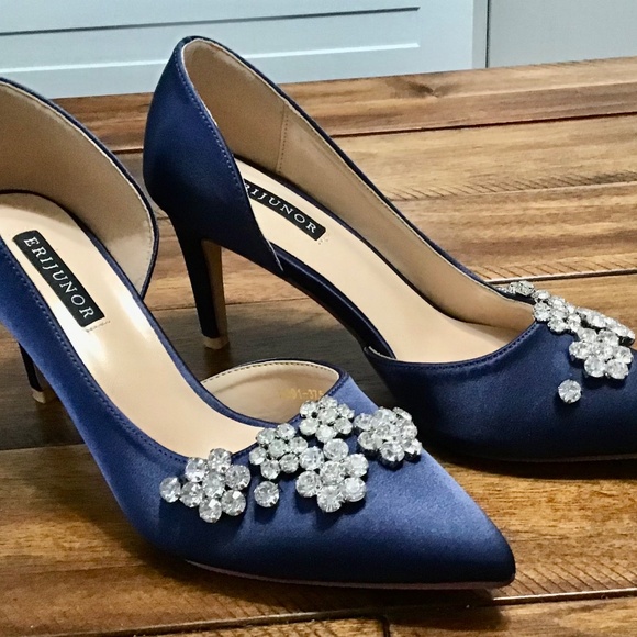 ERIJUNOR Satin Rhinestone Pumps~Navy~Size 6.5 - Picture 9 of 11